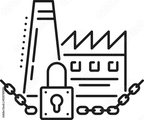 Factory closure icon, economic crisis and money loss, downturn and bankruptcy symbol. Linear vector sign of plant, industrial building, factory with large lock and chain, indicating industry shutdown