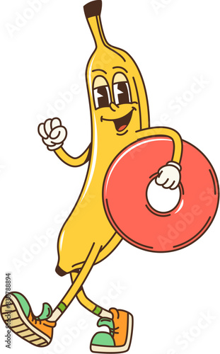 Retro cartoon groovy banana fruit character. Isolated vector lively tropical fruit personage with a floater ring, big grin and cool sneakers, embodying the summer fun spirit and holiday vacation vibes