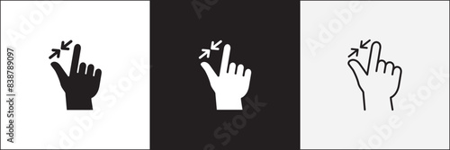 Finger touch screen gesture icon set. Pinch in on touchscreen gesture icon. Zoom out touch icons. Vector stock icon isolated on white. Graphic design for button template and illustration.