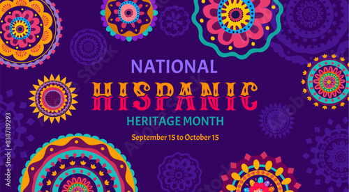 National hispanic heritage month banner with ethnic patterns and circle floral ornaments. Spanish and mexican americans culture festival poster, bright color flowers and huichol motif background