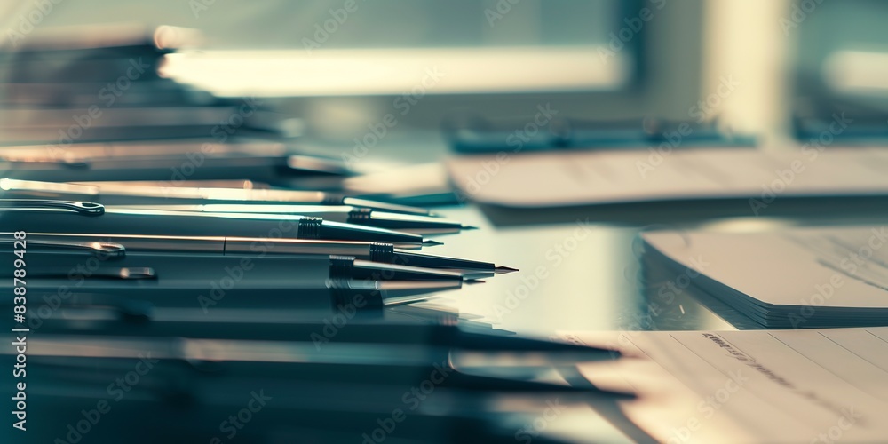 Close-up of neatly arranged conference pens and pads, clear focus, morning light, no people Close-up of neatly arranged conference pens and pads, clear focus, morning light, no people
