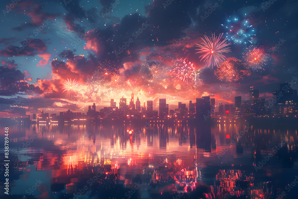 Fireworks exploding over a city skyline with reflections in the water, digital render of an imaginary city with beautiful new year's eve or fourth of july festival fireworks. Fireworks exploding over a city skyline with reflections in the water, digital render of an imaginary city with beautiful new year's eve or fourth of july festival fireworks.