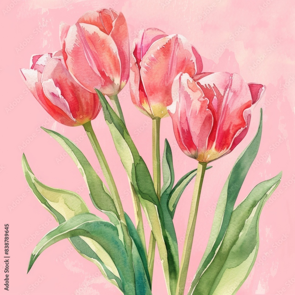 Tulips watercolor clipart illustration with pink background Tulips watercolor clipart illustration with pink background