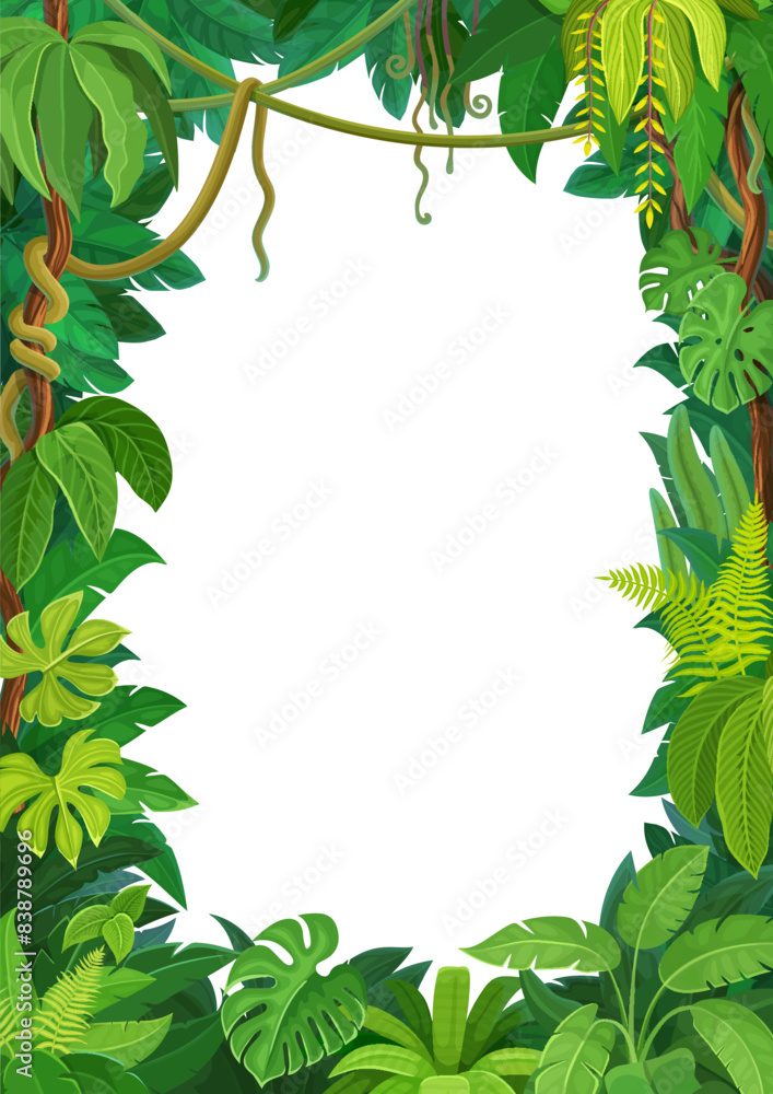 African tropical forest liana frame with jungle plant leaves. Vector background with rainforest foliage, green grass, vines, tree branches. Paradise vertical border template with lush tropic thickets
