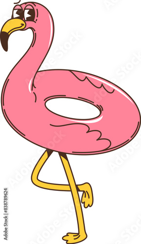 Retro cartoon groovy flamingo float ring character stands on one leg, sporting an unamused expression. Vector vintage personage exuding laid-back summer vibes with bright pink hue and relaxed stance
