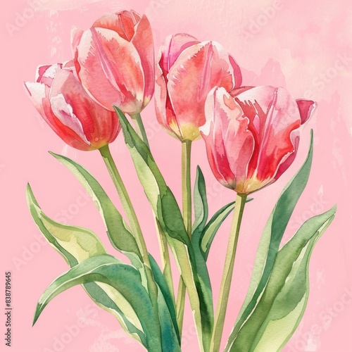 Tulips watercolor clipart illustration with pink background