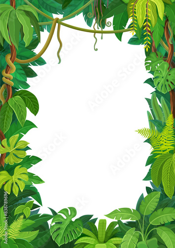 African tropical forest liana frame with jungle plant leaves. Vector background with rainforest foliage, green grass, vines, tree branches. Paradise vertical border template with lush tropic thickets
