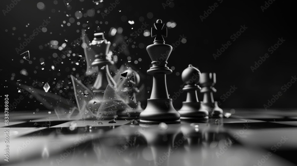 Dramatic black and white chess scene with pieces in motion, featuring a shattered glass effect highlighting the intensity of the game. Dramatic black and white chess scene with pieces in motion, featuring a shattered glass effect highlighting the intensity of the game.