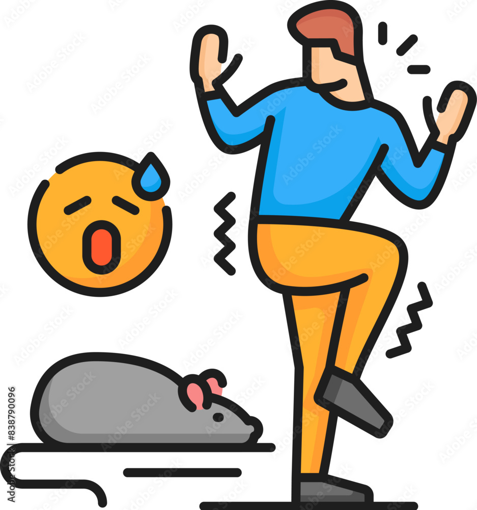 Musophobia anxiety, human mental health, phobia psychology problem line color icon. Fear of mice and rats line vector sign. Mental disorder or phobia outline icon or pictogram with man scared of mouse Musophobia anxiety, human mental health, phobia psychology problem line color icon. Fear of mice and rats line vector sign. Mental disorder or phobia outline icon or pictogram with man scared of mouse