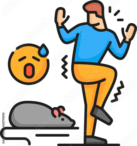 Musophobia anxiety, human mental health, phobia psychology problem line color icon. Fear of mice and rats line vector sign. Mental disorder or phobia outline icon or pictogram with man scared of mouse