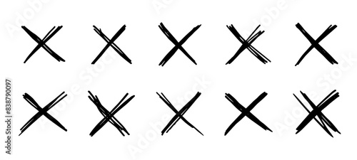 X scribble cross marks in black ink. Vector set of grunge error or cancellation symbols. Isolated rough, brush strokes, incorrect rejection icons, monochrome sketch cancellation or removal signs
