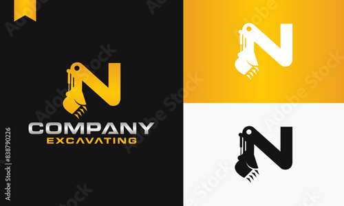 excavator letter N logo design excavating vector template illustration