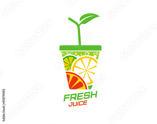 Fresh juice icon, citrus fruits drink label of vector glass with ring slices of orange, lemon, lime and grapefruit, straw, bubbles and green leaves. Natural vitamin cocktail, citrus fruit juice