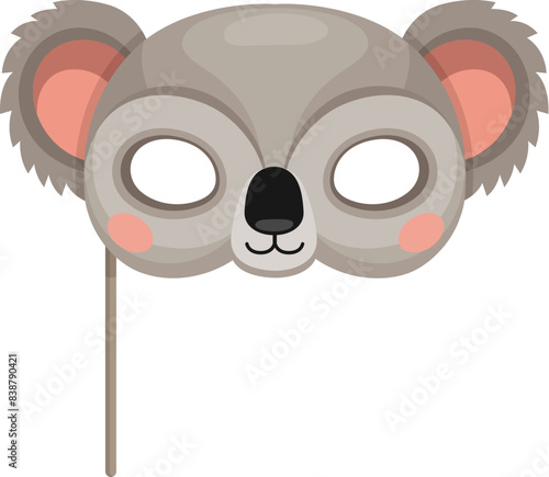 Koala animal carnival party mask. Festival or birthday costume. Isolated vector decorative festive face covering for kids holiday celebration. Cute mask with head of funny jungle koala bear on stick
