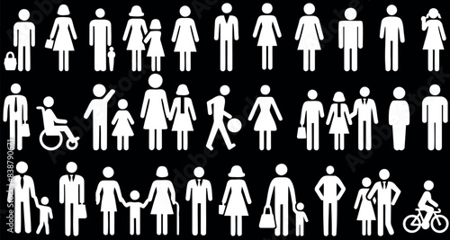 Pictogram people silhouette vector icons, showing diversity, gender, accessibility, figure, man, woman, child, family, couple, wheelchair on black background