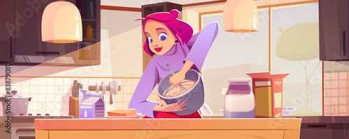 Young woman cooking in kitchen. Vector cartoon illustration of happy mother stirring ingredients in bowl, preparing meal for family at home, sunny apartment interior with furniture and garden view