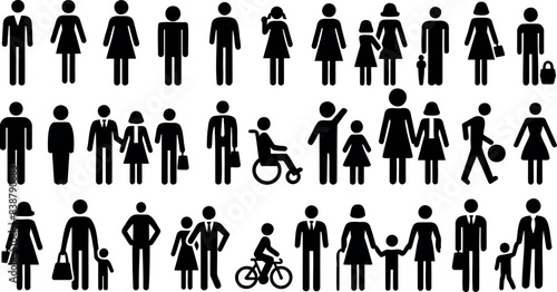 Pictogram people vector set, diverse family, wheelchair, children, adults, bicycle, community, icons, stick figures, inclusive, gender representation activities of daily life