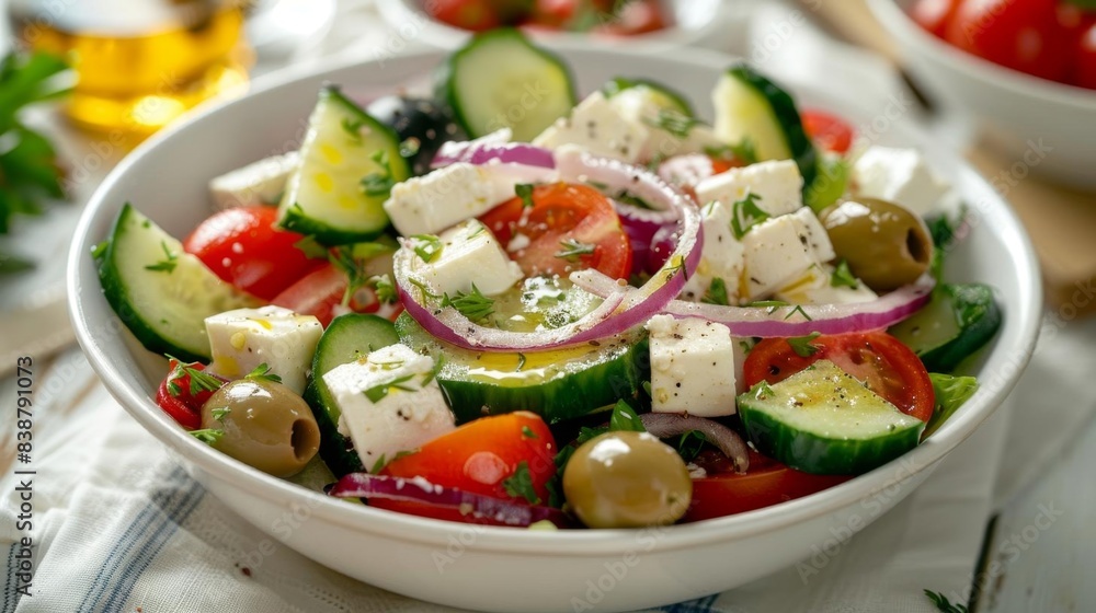 Fresh Greek salad with tomatoes, cucumbers, onions, olives, and feta cheese, dressed with olive oil and herbs. Fresh Greek salad with tomatoes, cucumbers, onions, olives, and feta cheese, dressed with olive oil and herbs.