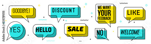 Memphis speech bubbles, funky comic talk cloud. Chat message graphic symbol, talk dialog comic Memphis bubbles or text vector banners. Speak cloud with goodbye, hello, sale and discount, no words