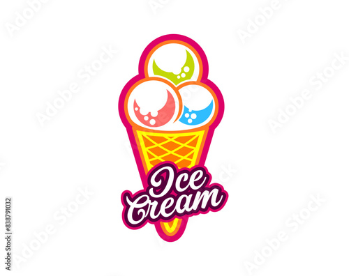 Gelato dessert, scoop ice cream in waffle cone icon for gelateria, vector emblem. Three sundae ball scoops of ice cream in wafer cone with text letters sign for Italian gelato or cafe icecream menu