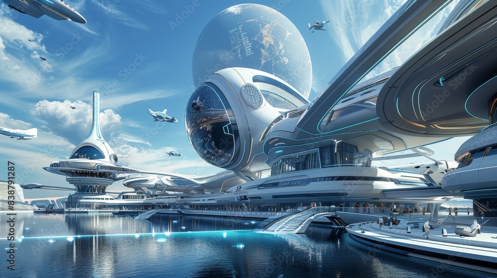 Futuristic cityscape with advanced architecture, flying vehicles, and a stunning blue sky, showcasing a vision of a high-tech future. Futuristic cityscape with advanced architecture, flying vehicles, and a stunning blue sky, showcasing a vision of a high-tech future.