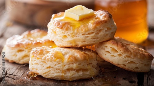 Freshly baked buttery biscuits with honey on a rustic wooden table, perfect for breakfast or a tasty snack. © Flowaiart
