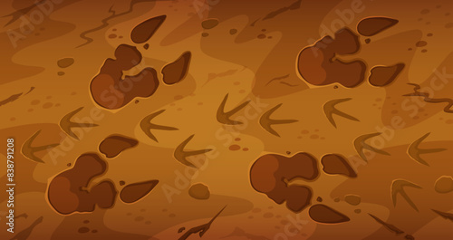 Prehistoric dinosaur fossil footprints. Cartoon vector background with ancient dino reptile animal paw prints, trail impression on ground. Jurassic era archaeological and paleontology finds or fossils