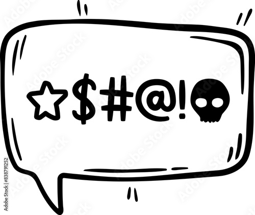 Hate angry talk, comic swear speech bubble. Aggressive expletive curse. Vector expressive typography signs inside of black dialogue cloud, intensity and emphasis of the profanity, rude comment message