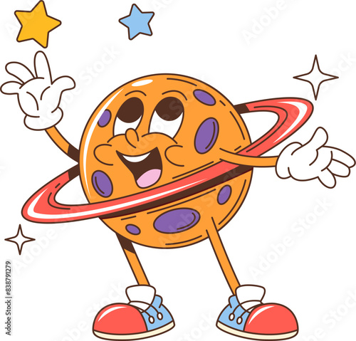 Retro groovy space planet character and stars. Isolated cartoon vector celestial personage with wide cheerful smile, ring and craters, exudes psychedelic vibes, cosmic coolness and funky demeanor