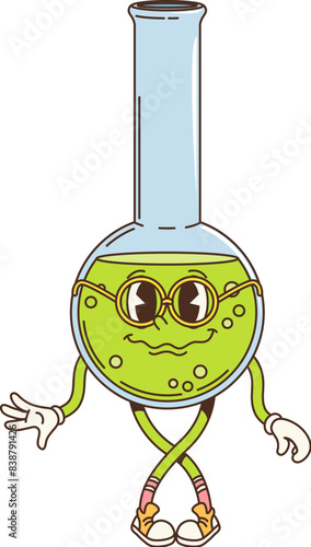 Retro groovy chemical flask character, fun science glassware . Isolated cartoon vector lab glass beaker filled with a bubbly green substance, wears glasses and sneakers, ready for playful education