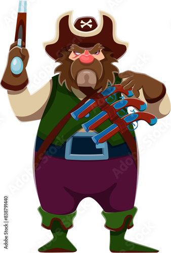 Cartoon pirate or corsair boatswain character. Vector robust, bearded buccaneer personage in tricorn hat and filibuster clothes, carrying a musket gun, exudes a swashbuckling appearance of adventurer