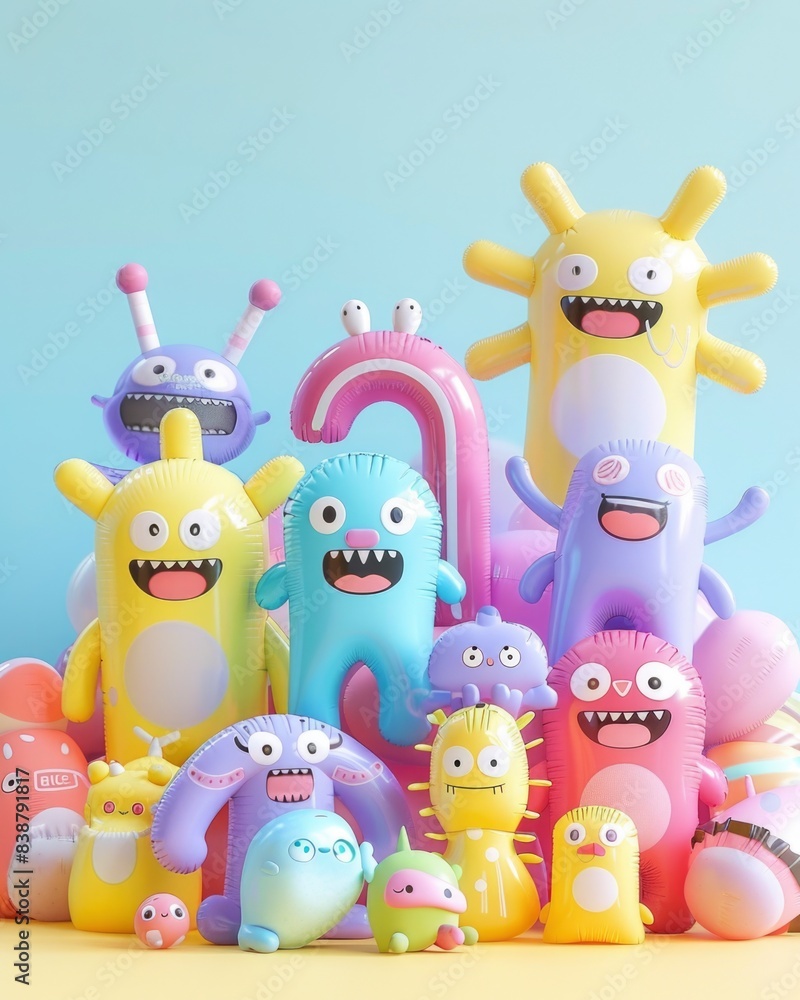 cute crazy monsters with hand made of inflatable items on pastel blue background in style of 3d. Abstract, fantasy, dreamlike concept. cute crazy monsters with hand made of inflatable items on pastel blue background in style of 3d. Abstract, fantasy, dreamlike concept.