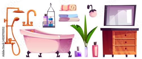 Bath room interior furniture, equipment and accessories. Cartoon vector set of shower and toilet objects for hygiene, health and body care - white bathtub and mirror, cabinet and cleaning products.
