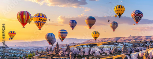 A vibrant display of hot air balloons in various colors floating over the rugged terrain at Cappadocia, with a yellow sky overhead and an epic view photo