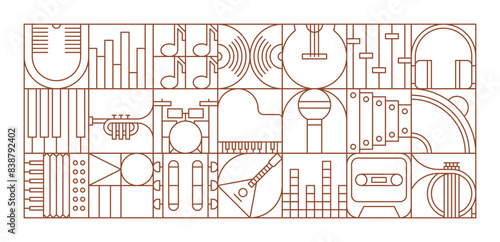 Music modern geometric pattern of musical instruments in line tiles, vector background. Music geometric mosaic pattern of guitar and piano, jazz trumpet and tape cassette, vinyl disc and microphone