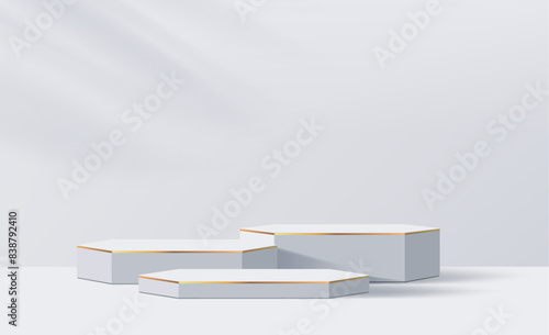 White podium stage with golden frame borders. Realistic 3d vector podium or showcase with gold decor, set against wall background with light shadows. Scene for beauty product display and presentations