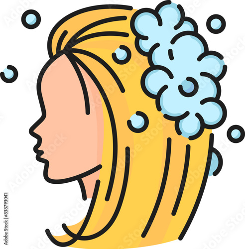 Hair soap care and treatment thin line color icon. Hair health treatment linear sign, haircare cosmetology product, spa salon or bathroom cosmetics outline vector pictogram or symbol