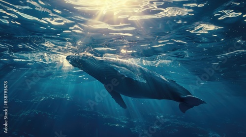 Underwater view on a giant blue whale diving while the sun is shining through the water surface