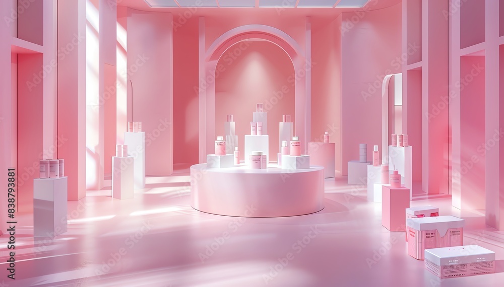 Elegant pedestal display, pastel backdrop, bright lighting, white boxes, symmetrical layout, modern packaging design Elegant pedestal display, pastel backdrop, bright lighting, white boxes, symmetrical layout, modern packaging design