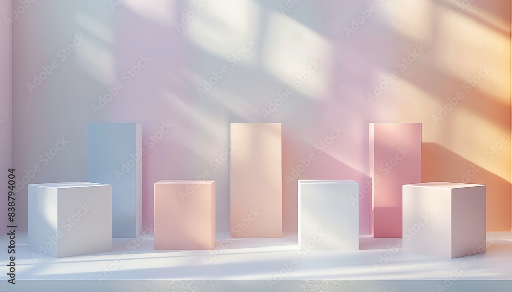 Modern pedestal display, soft pastel background, brightly lit closeup, various white boxes, symmetrical elements, refined package design Modern pedestal display, soft pastel background, brightly lit closeup, various white boxes, symmetrical elements, refined package design