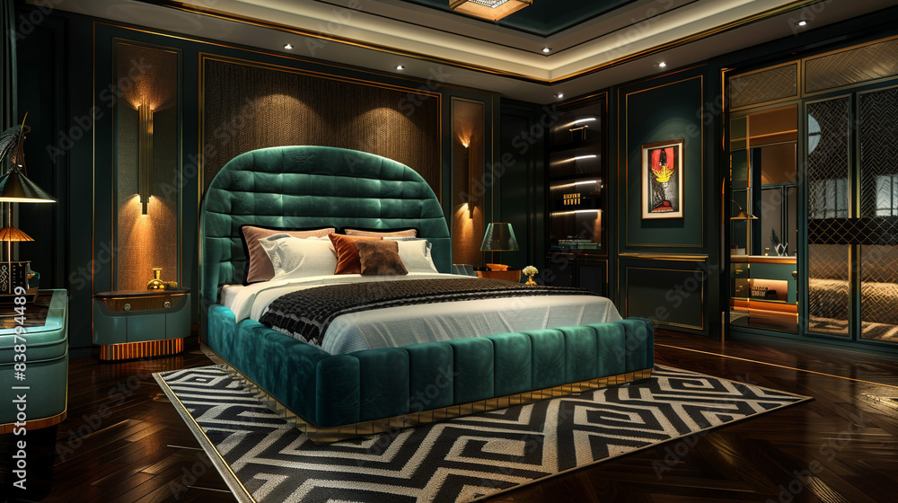 An elegant Art Deco bedroom with a plush teal headboard, gold-accented nightstands, and a black and white geometric rug on a dark wood floor. An elegant Art Deco bedroom with a plush teal headboard, gold-accented nightstands, and a black and white geometric rug on a dark wood floor.