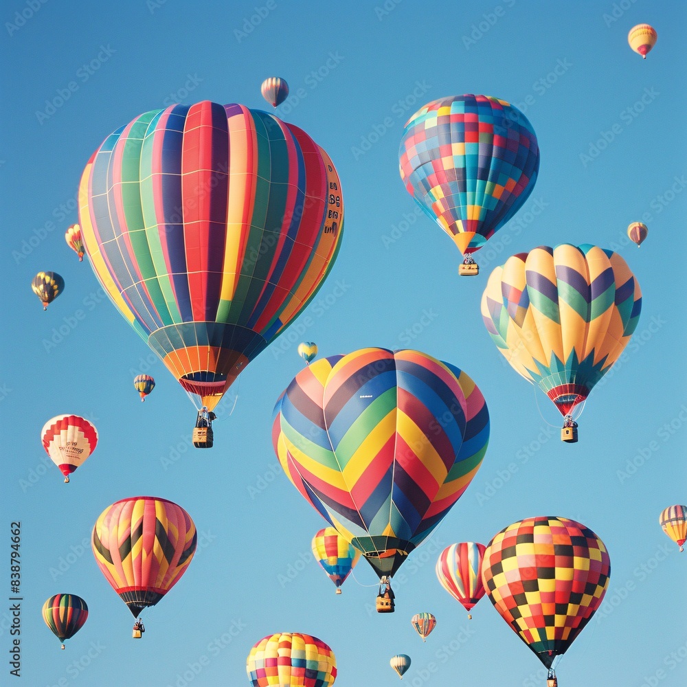 Colorful hot air balloons floating against a clear blue sky, a dreamy summer spectacle. Colorful hot air balloons floating against a clear blue sky, a dreamy summer spectacle.