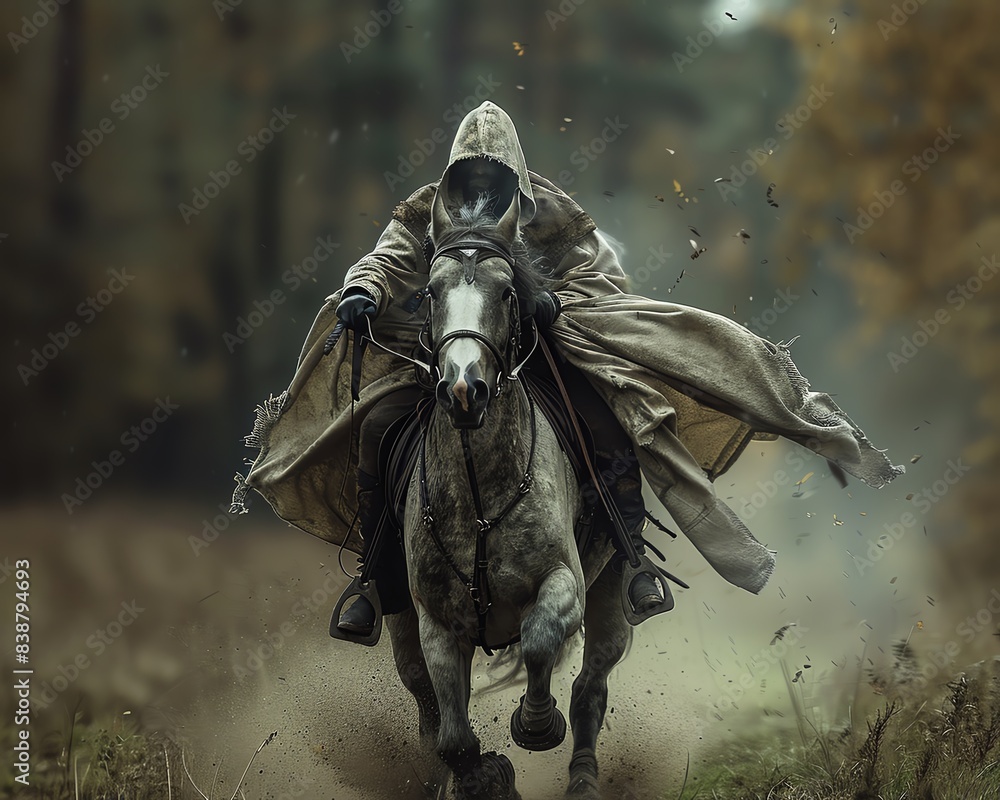 Realistic photo of a hooded man riding horse at speed in dense forest Realistic photo of a hooded man riding horse at speed in dense forest