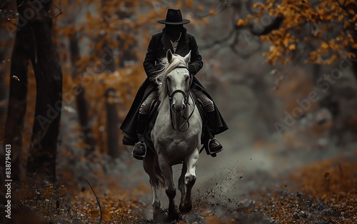 Realistic image of man riding horse through dense forest, black hood, fast gallop photo