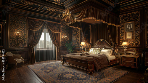 An elegant bedroom with dark mahogany furniture, damask wallpaper, and a luxurious canopy bed.