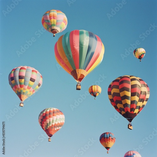 Colorful hot air balloons floating against a clear blue sky, a dreamy summer spectacle.