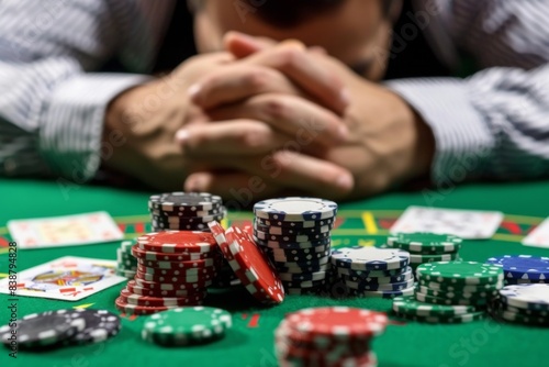 Man sitting at a table with poker chips photo