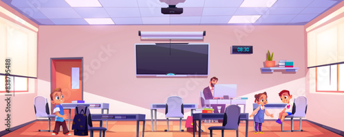 Children and male teacher in classroom interior during break. Kid girl and boy talking inside of modern schoolroom with tables and chairs, chalkboard and window. Pupil characters for education concept