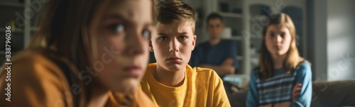 Children sitting on a couch watching something, family conflicts photo