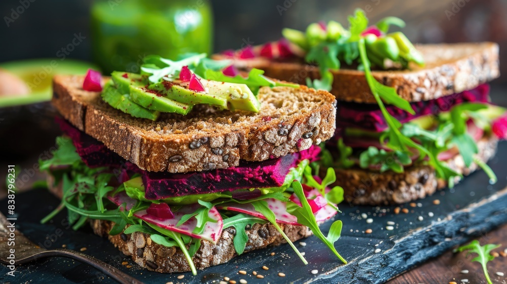 Vegan sandwiches with beetroot hummus. Sandwich with beet, cheese, avocado and arugula Vegan sandwiches with beetroot hummus. Sandwich with beet, cheese, avocado and arugula